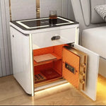 Mesa de noche inteligente con tapa de vidrio, huella, carga inalámbrica y LED