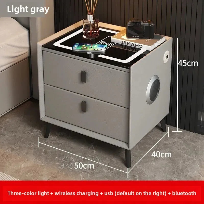 Mesa de noche inteligente con carga inalámbrica, LED, USB y cerradura de huella