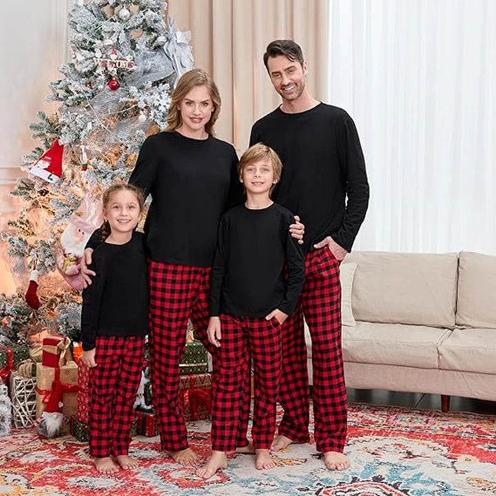 Pijamas familiares navideños con pantalón a cuadros – manga larga