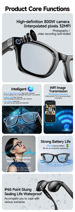 Gafas inteligentes AI con cámara 8 MP – video, traducción, Bluetooth y música