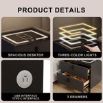 Mesa de noche inteligente con tapa de vidrio, carga inalámbrica, LED y USB