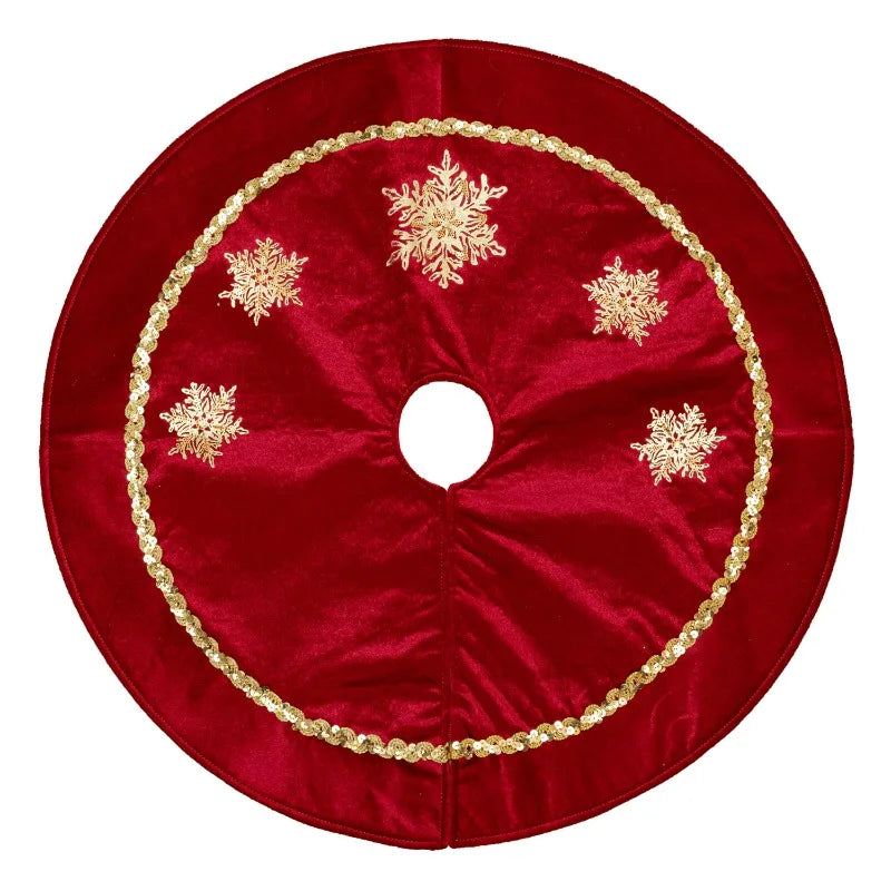 Falda roja de terciopelo para árbol – copos dorados