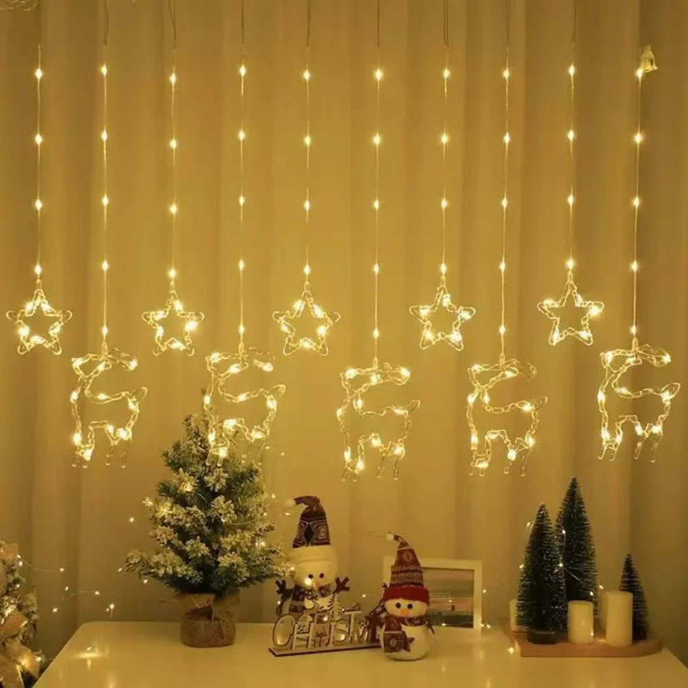 Cortina de luces navideñas LED USB-C – reno, copo, estrella, campana y árbol