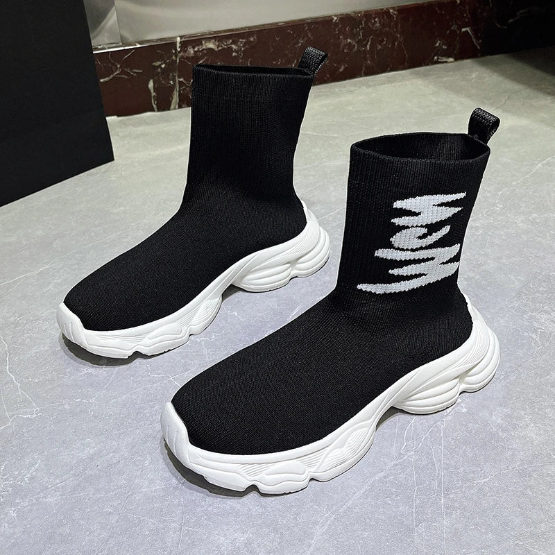 Tenis tipo calcetín unisex – caña alta, tejido de punto y suela gruesa