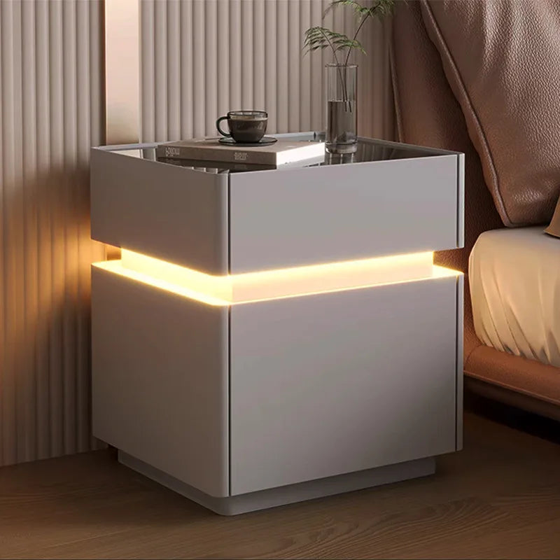 Mesa de noche inteligente con luz de sensor, carga inalámbrica y 3 cajones