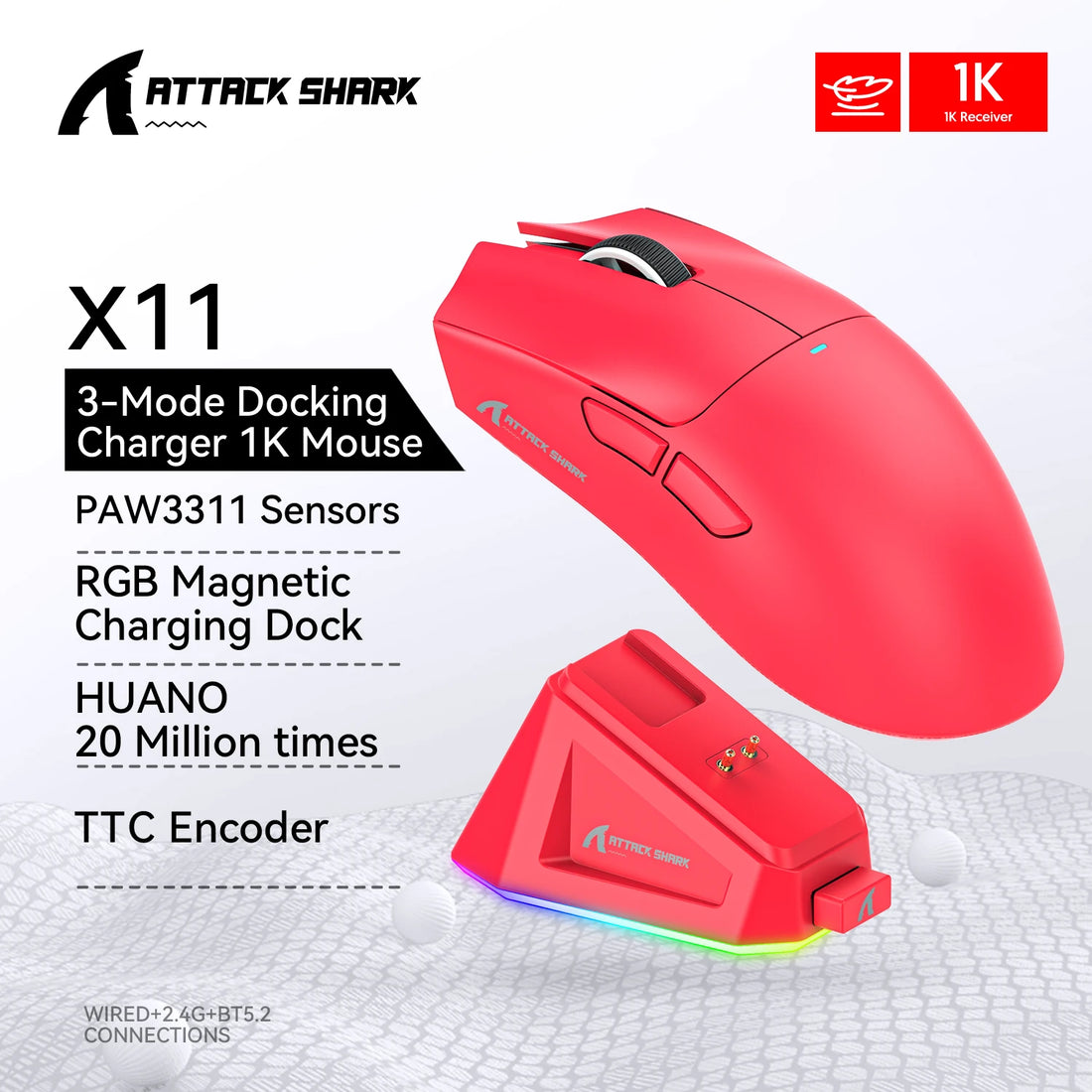 ATTACK SHARK X11 – mouse gamer inalámbrico 22K DPI con base de carga RGB