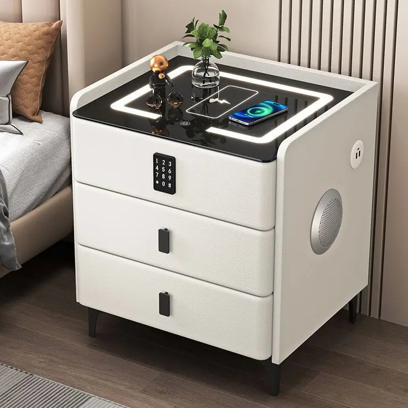 Mesa de noche inteligente de madera con carga inalámbrica y LED táctil de 3 colores