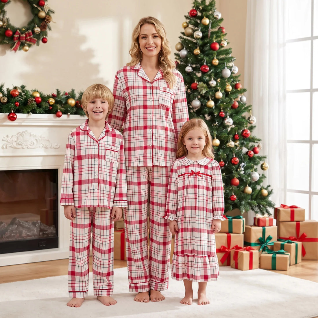 Pijamas navideños a cuadros para mamá y niños – manga larga