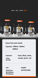 TKK – botella deportiva Tritan resistente al calor – 1 L, 1.6 L y 2 L