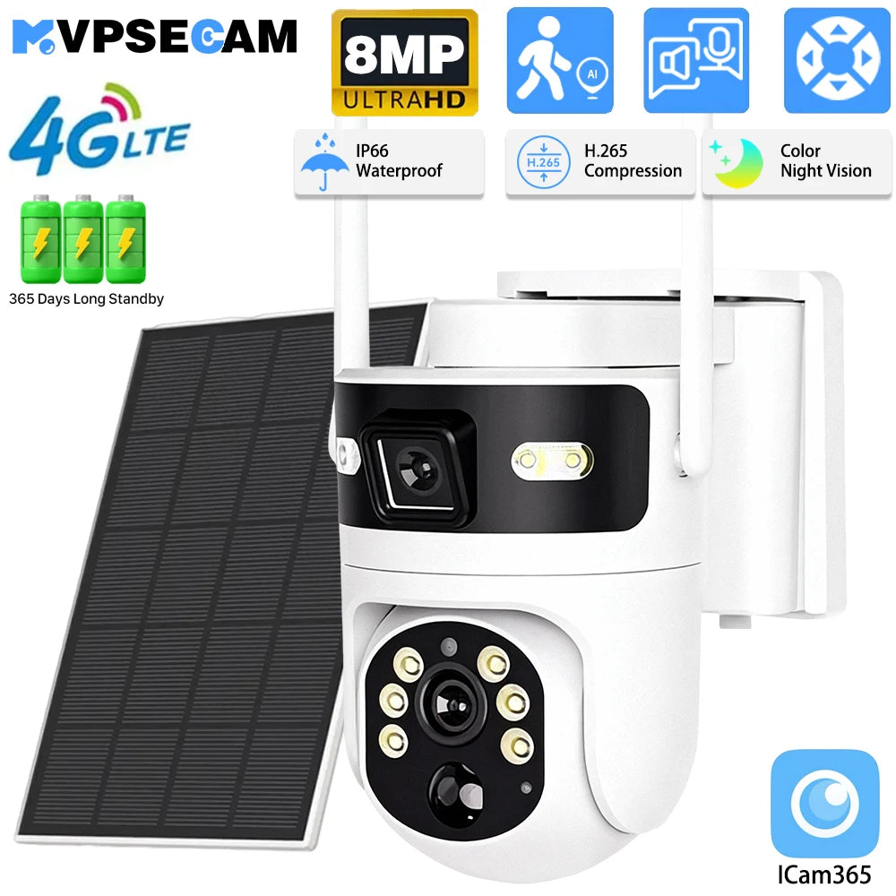 Cámara solar 8MP 4K 4G PTZ – doble lente, batería y detección PIR