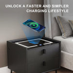 Mesa de noche inteligente con tapa de vidrio, carga inalámbrica, LED y USB