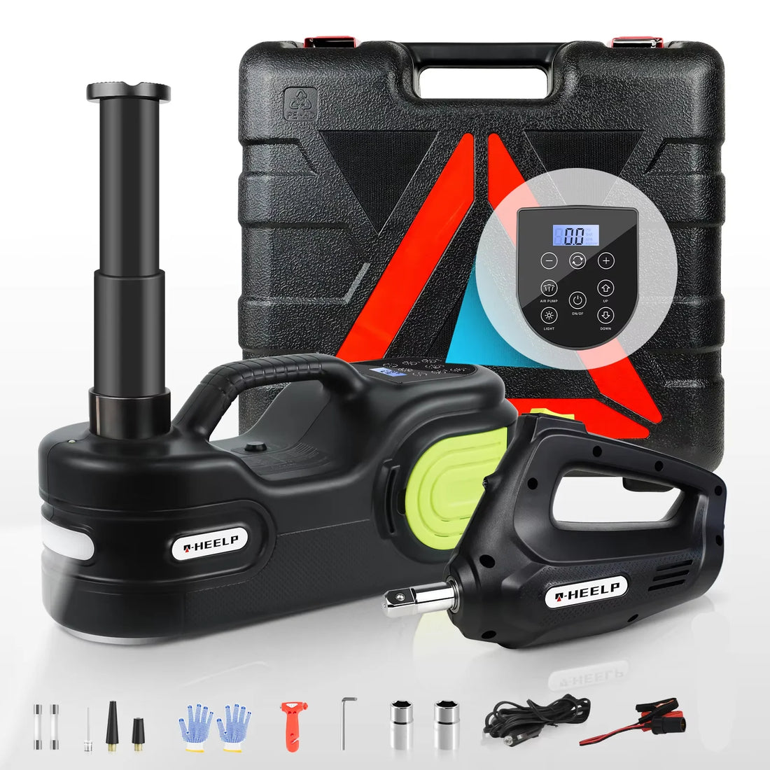 FOVOW – gato hidráulico eléctrico 12 V de 5 toneladas, kit 4 en 1