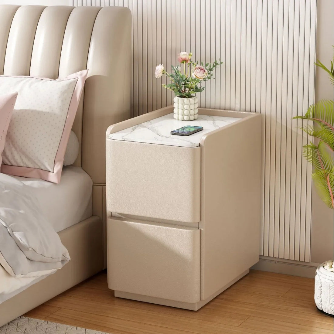 Mesa de noche inteligente de cuero con carga inalámbrica, enchufe y cerradura
