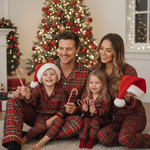 Pijamas familiares navideños a cuadros rojos – camisa y pantalón